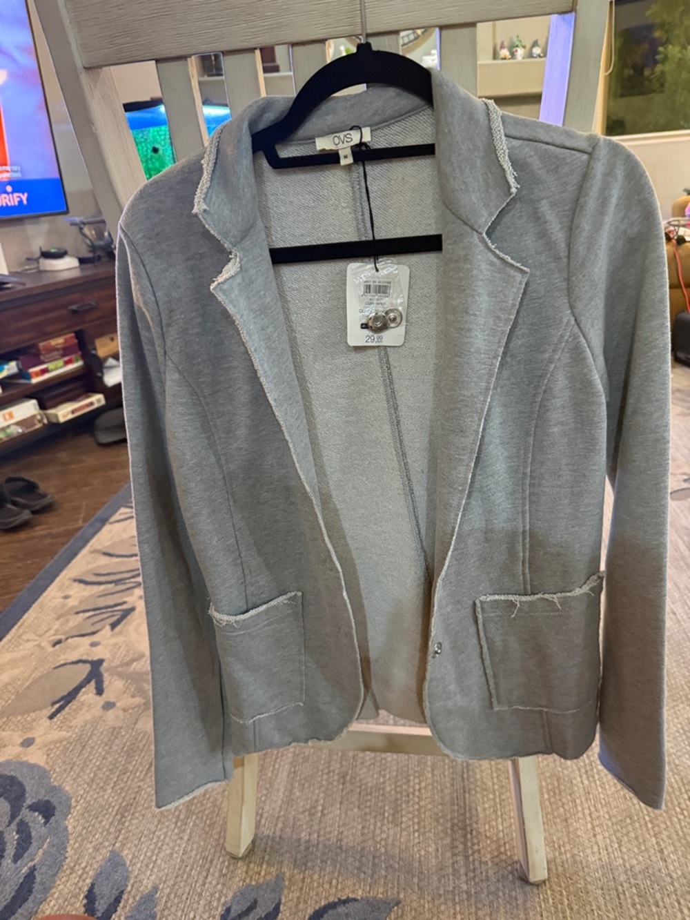 OVS Women's Light Gray Knit Blazer with Frayed Trim